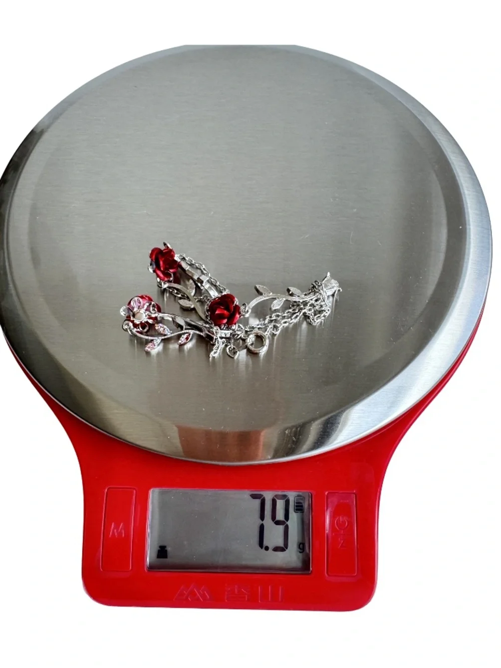 Vintage Red Rose Enamel Necklace Y Drop Crystal Leaf Silver Tone Floral 15